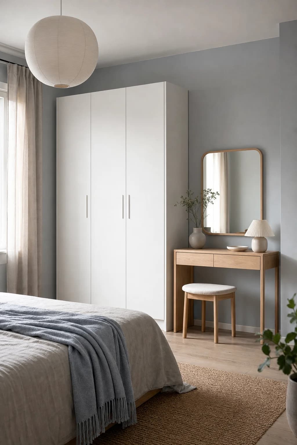 Light oak dressing table in a calm bedroom