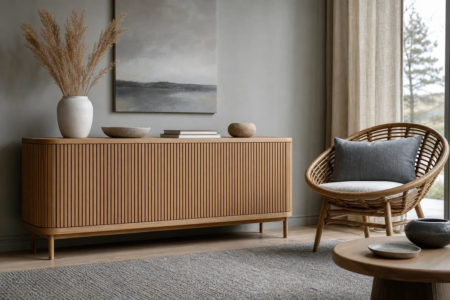 Light oak slatted sideboard and rattan chair in a calm living room